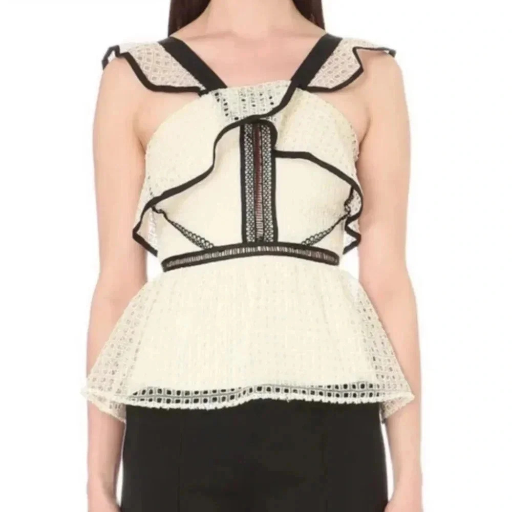 Self Portrait Contrast Eyelet Peplum Tank